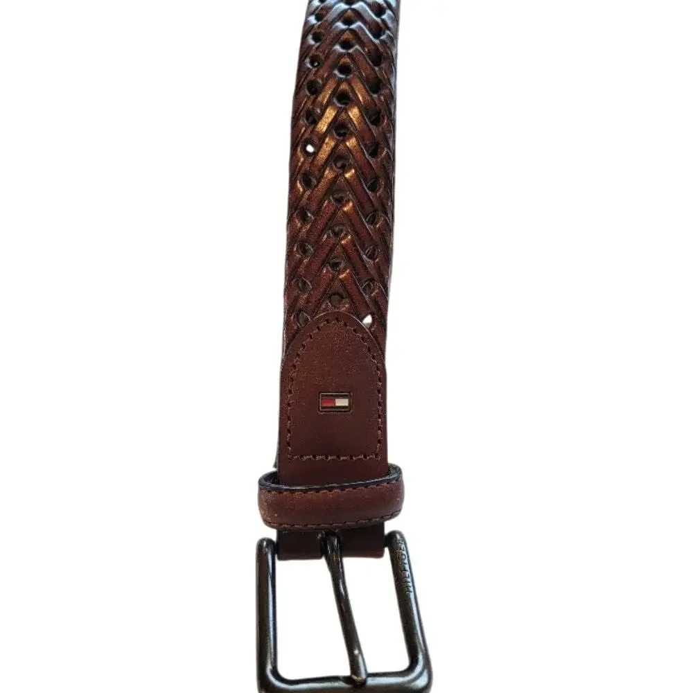 Tommy Hilfiger‎ Brown Braided Belt Sz 34 Men's Logo Preppy